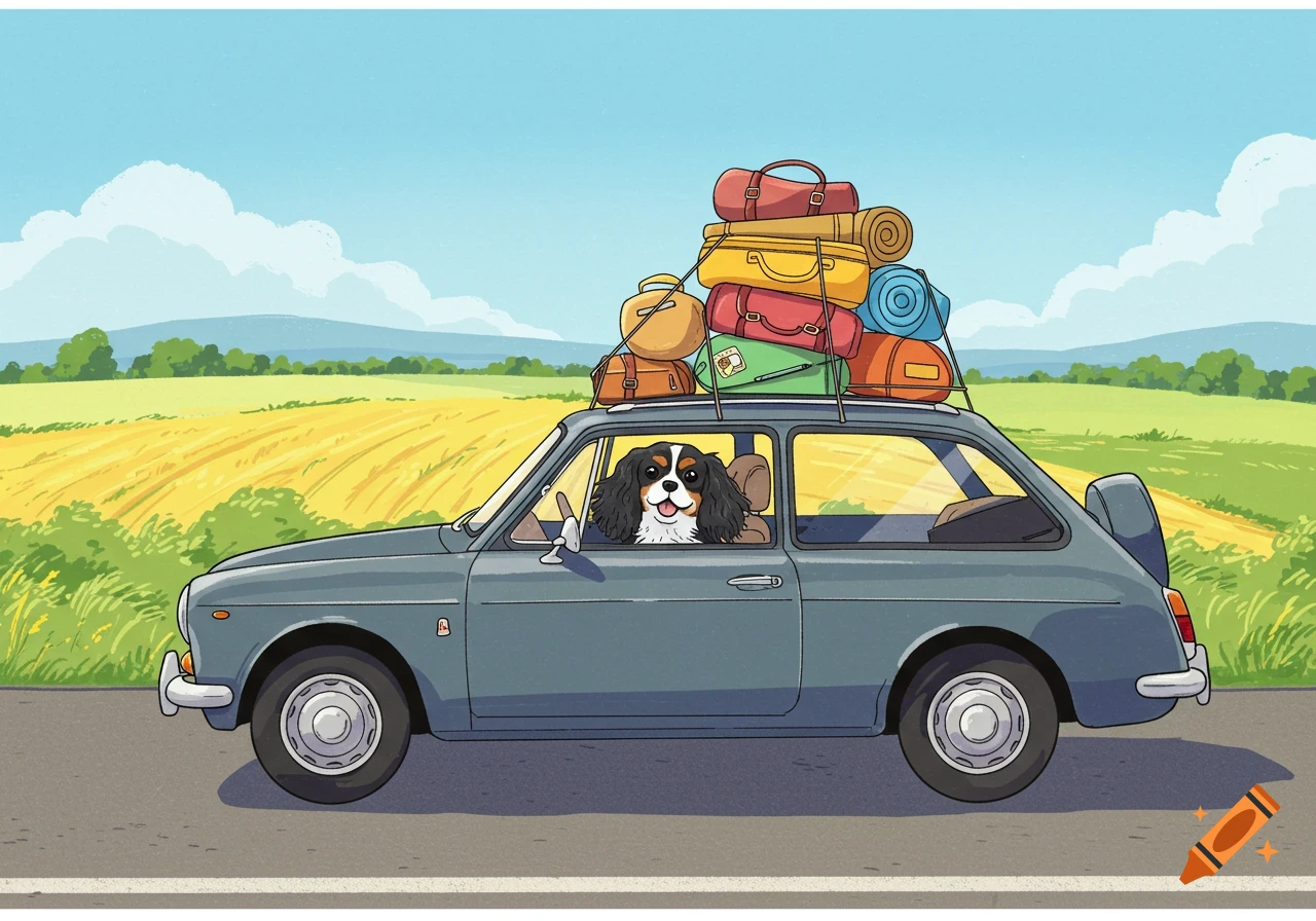 Cartoon of a tricolor Cavalier King Charles Spaniel in a grey car loaded with luggage, driving on a road past a field.