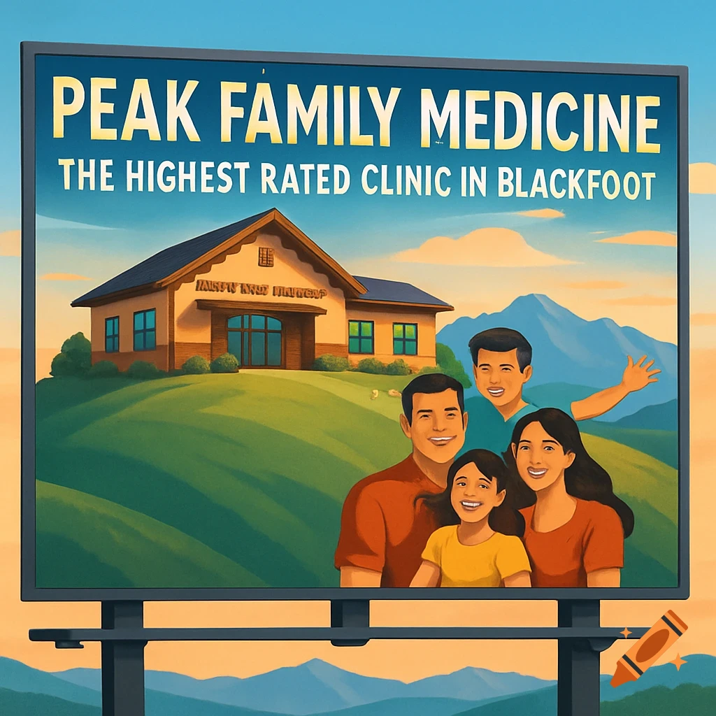 A colorful illustration of a billboard for "Peak Family Medicine" featuring a family, a clinic building, and mountains.