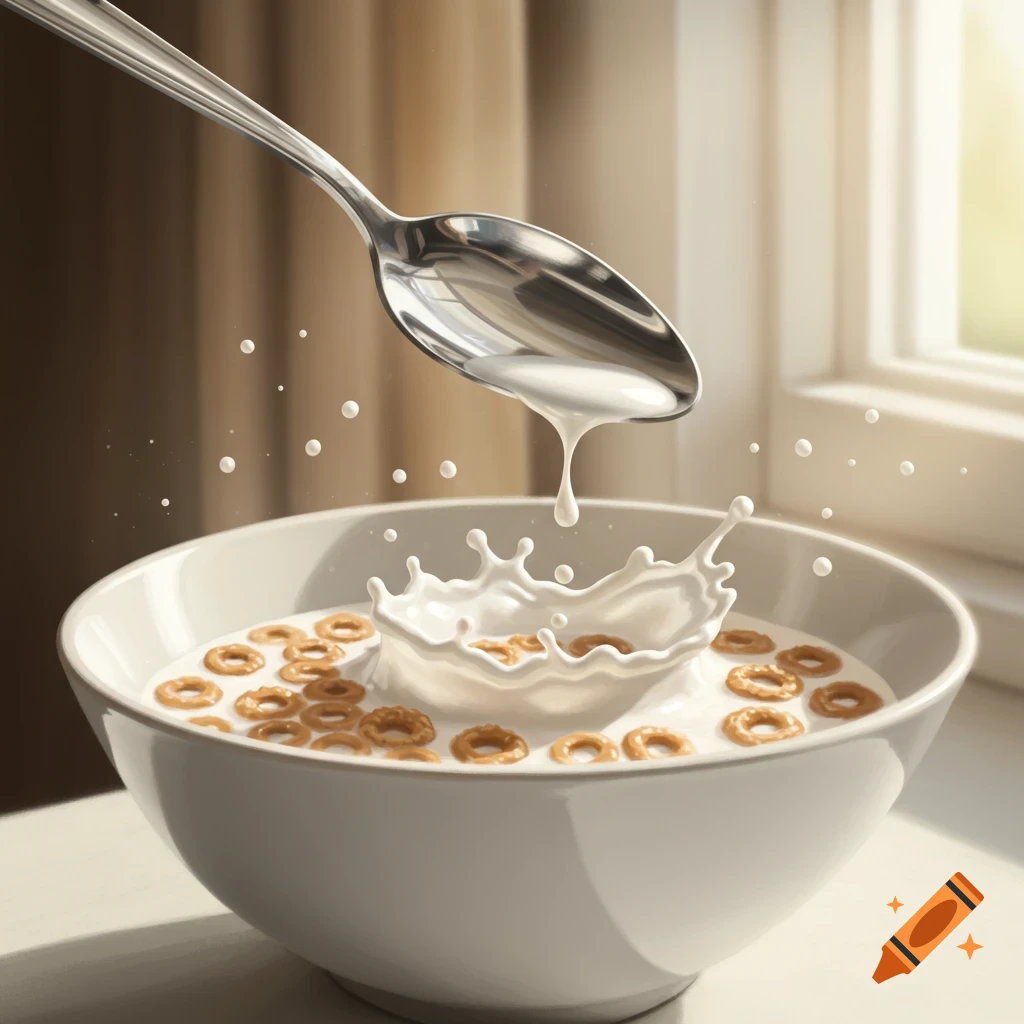 A close-up, photorealistic image of a spoon pouring milk into a white bowl of cereal, causing a splash.