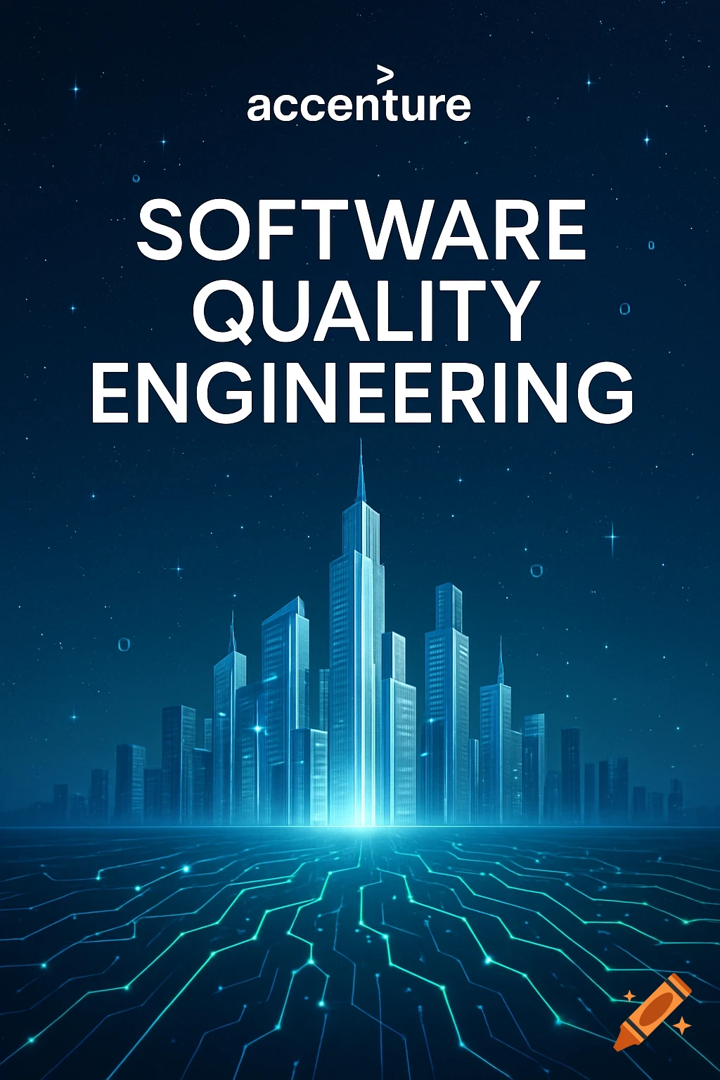 Accenture Software Quality Engineering poster with a futuristic city skyline and glowing circuit board pattern.
