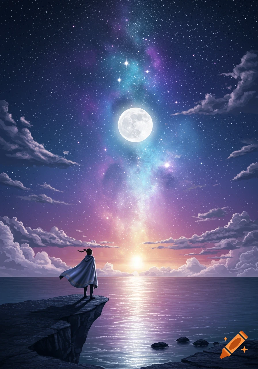 A lone figure in a cloak stands on a cliff overlooking an ocean under a vibrant starry night sky with a large full moon.
