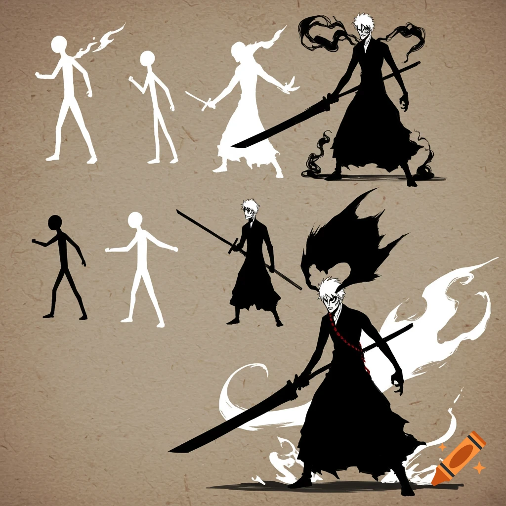 A step-by-step drawing evolution from stick figures to a stylized black and white illustration of Ichigo Kurosaki in Bankai form.