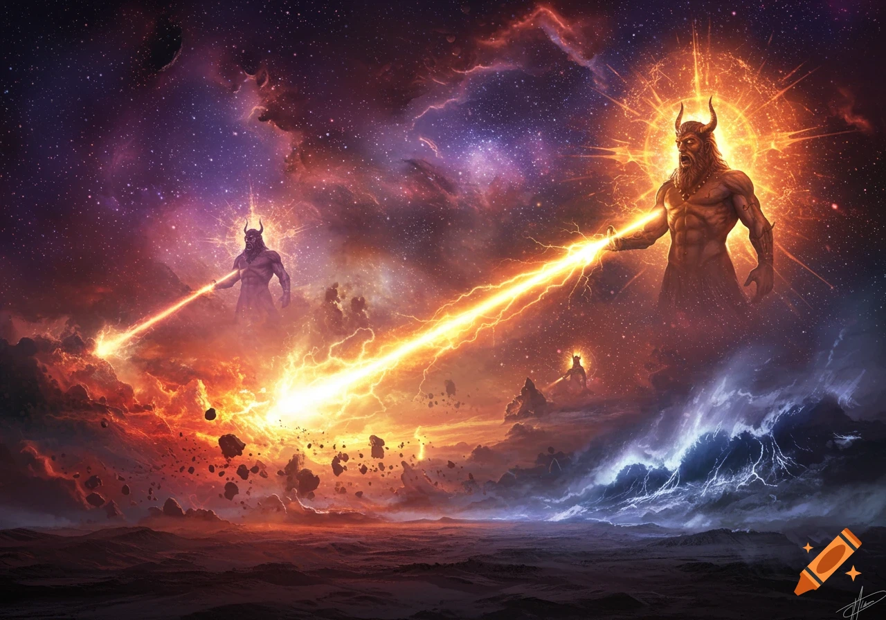 Two powerful horned figures in a cosmic battle, firing bright energy beams across a celestial landscape.
