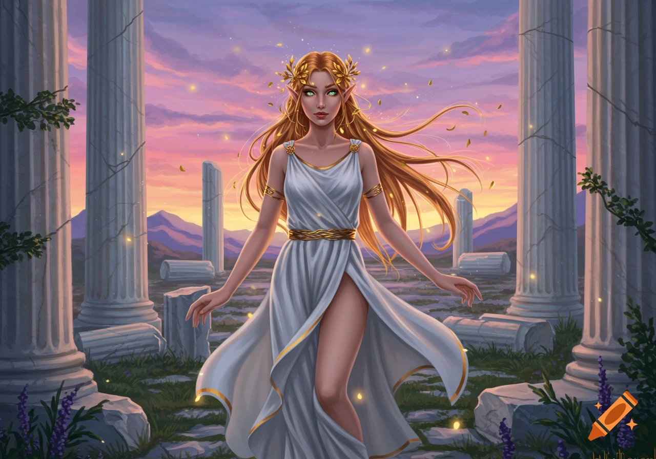 A beautiful long-haired elf in a white Greek-style dress stands among ancient ruins at sunset.