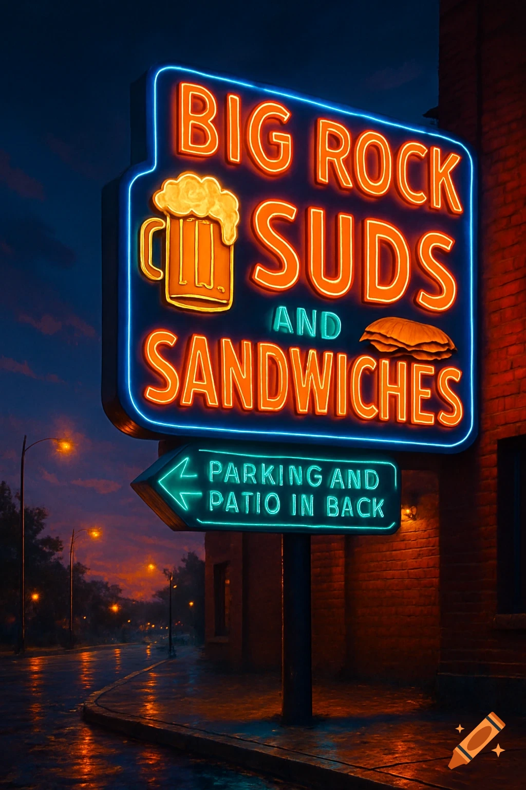A vibrant neon sign for 'Big Rock Suds and Sandwiches' glows against a dark, wet street at dusk, with 'Parking and Patio in Back' on an arrow below.