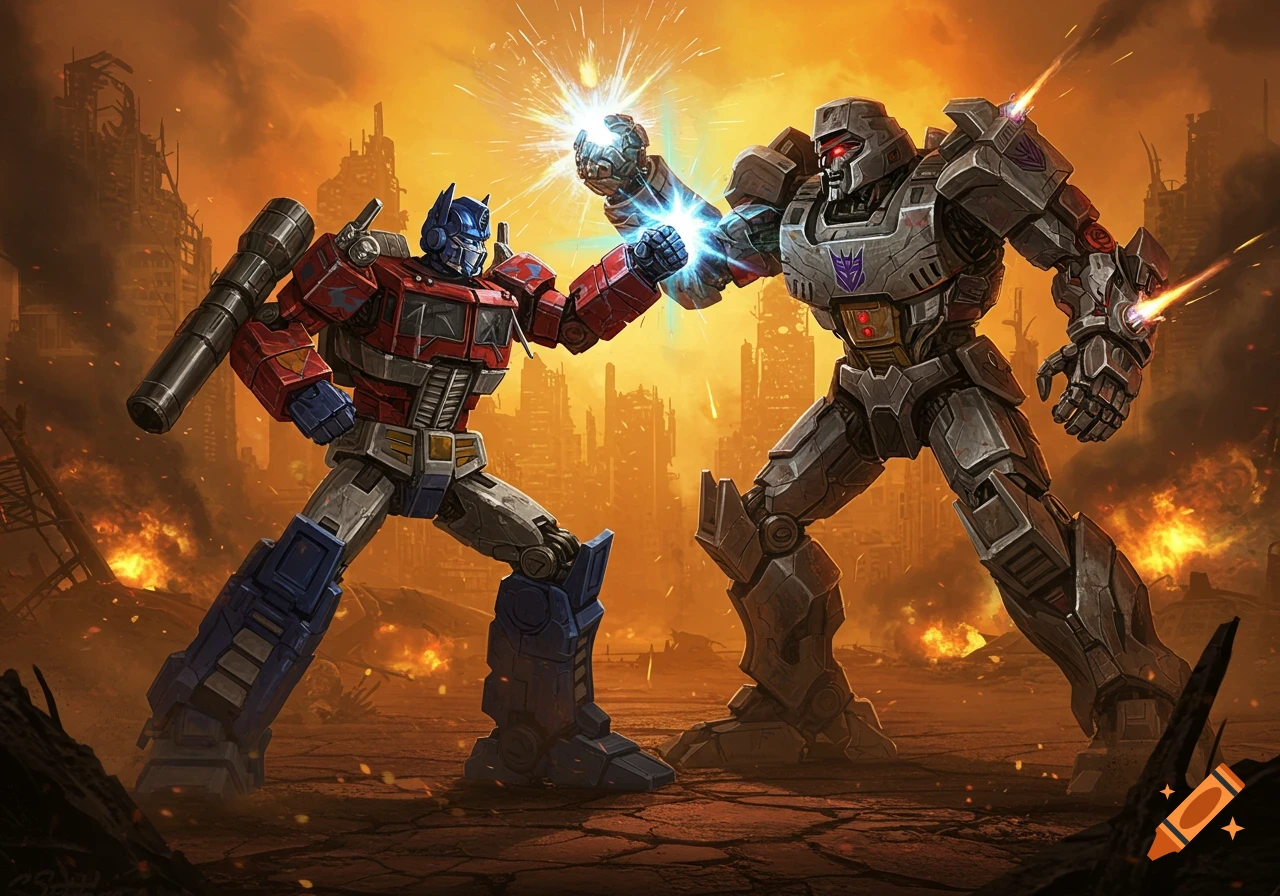 Optimus Prime and Megatron clash in a fiery, war-torn city, energy beams sparking between them in an epic battle.