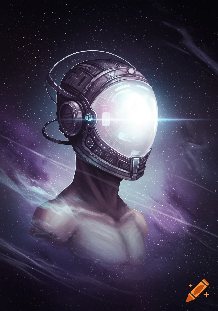 Abstract portrait of a space person with a glowing, exaggerated helmet against a dark starry background.