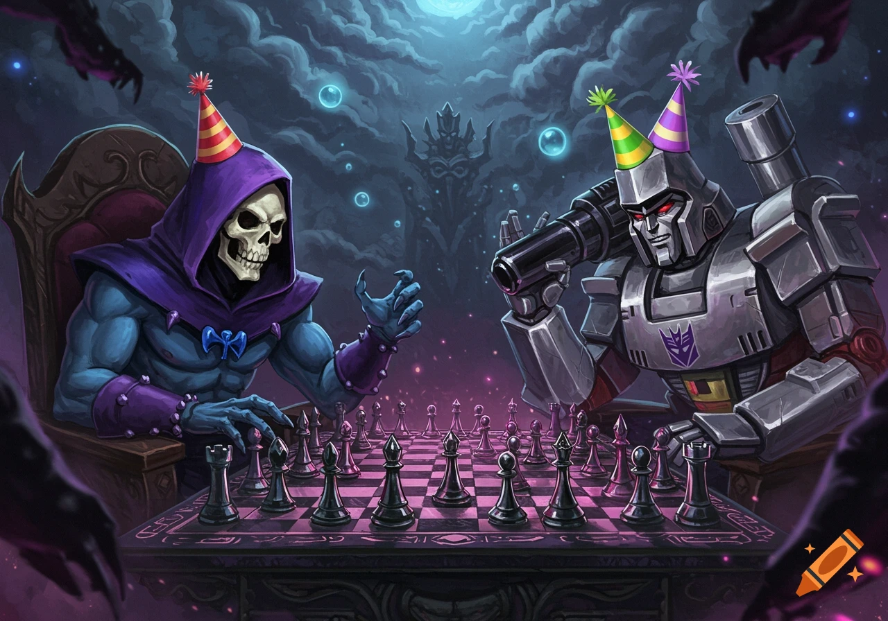 Skeletor and Megatron playing chess, both wearing colorful party hats, in a dark, mystical setting under a full moon.