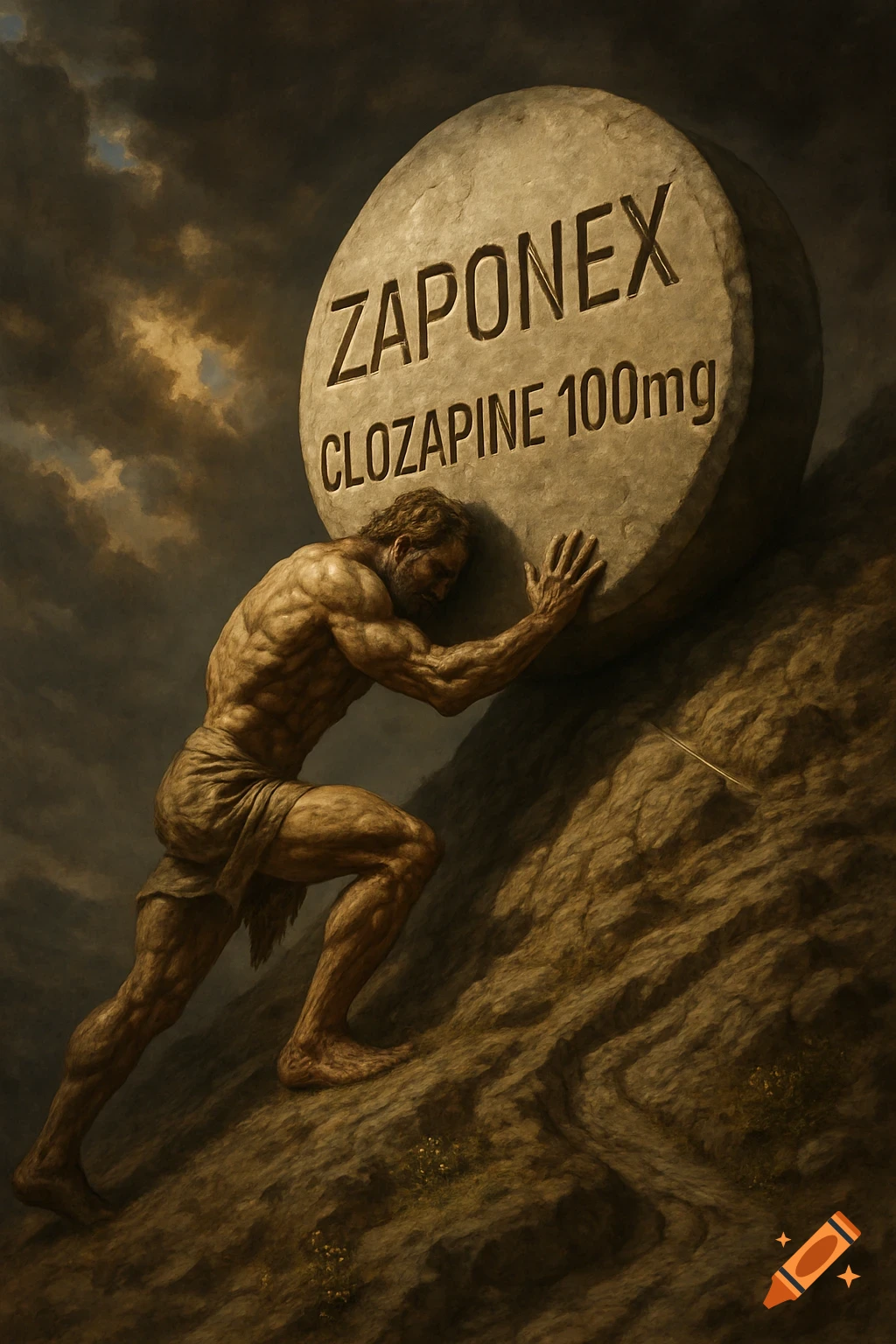 A muscular man resembling Sisyphus pushes a massive stone pill labeled ZAPONEX CLOZAPINE 100mg up a rocky hill under a stormy sky in a dramatic painting.