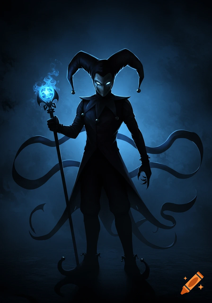Silhouette of an evil jester in dark blue, holding a glowing staff in a shadowy scene.