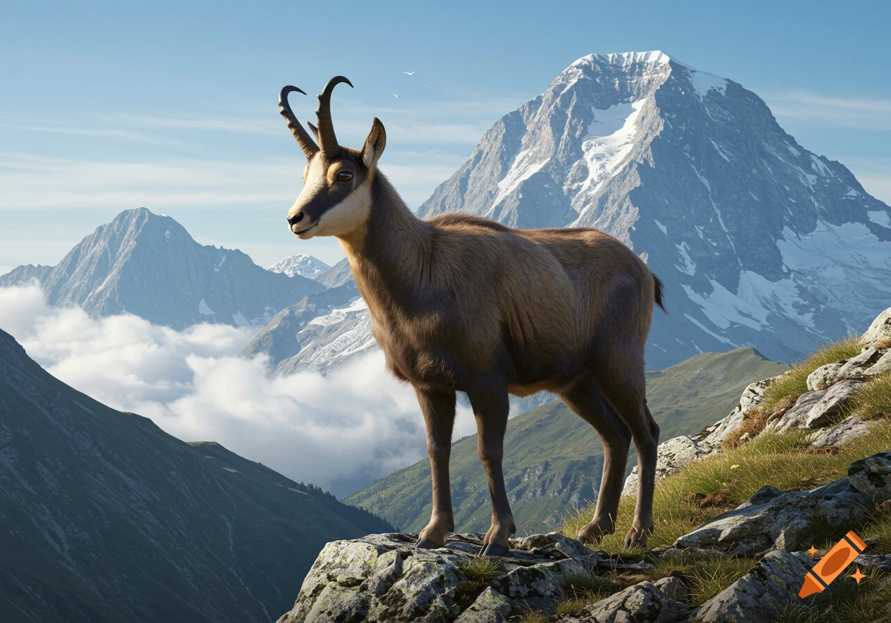 A chamois stands on a rocky mountain peak overlooking a vast mountain range with snowy peaks and clouds.