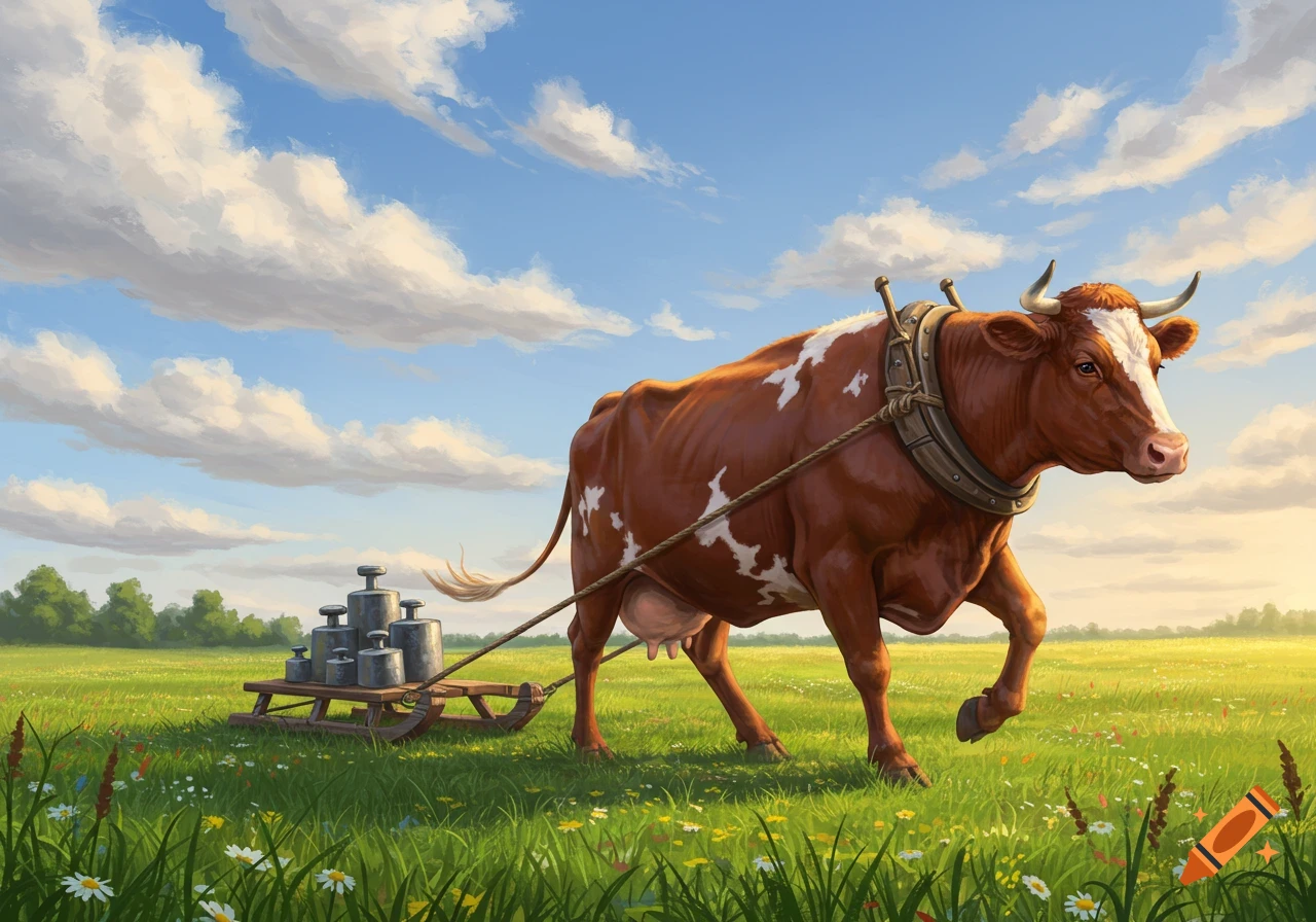 A brown and white cow wearing a harness pulls a wooden sled with heavy weights across a sunny green field.