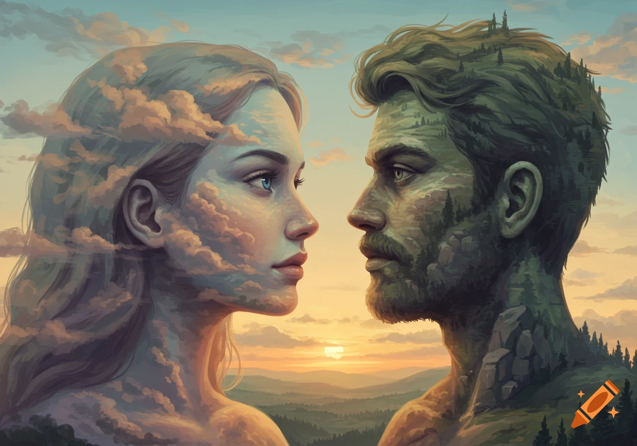 Surreal portrait of a woman made of clouds and a man made of mountains facing each other at sunset.