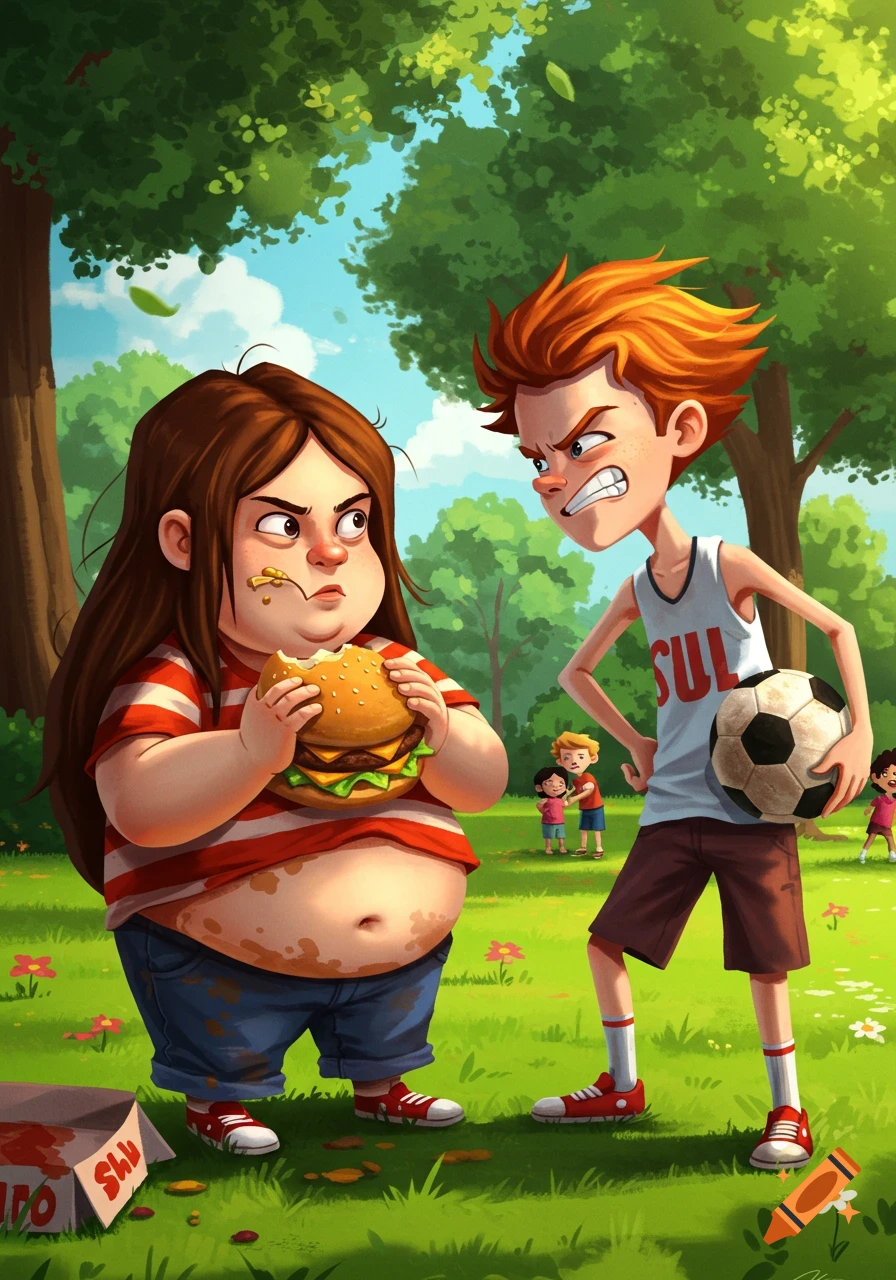 A cartoon illustration shows a chubby boy with long hair holding a bitten hamburger and an angry skinny boy with ginger hair holding a soccer ball in a park. Other children are in the background.