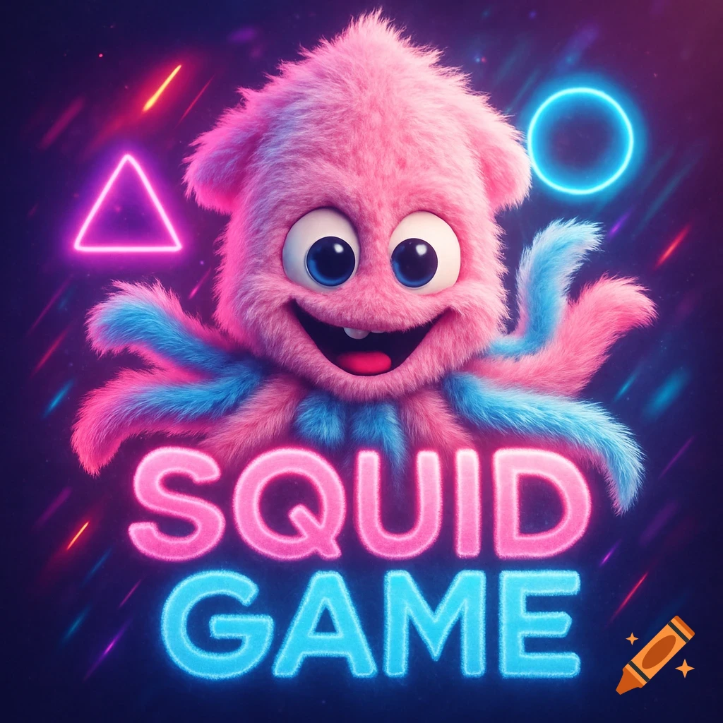 A cute pink and blue furry squid character with big eyes smiles above neon pink 'SQUID' and blue 'GAME' text, with neon geometric shapes in the background.