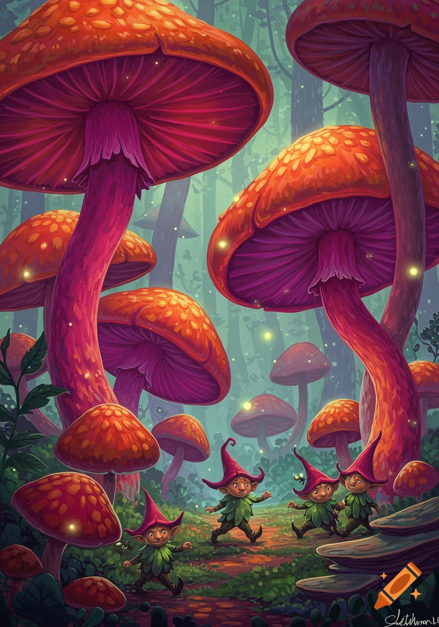 Small gnomes run through a vibrant, magical forest filled with giant red and pink mushrooms and glowing fireflies.