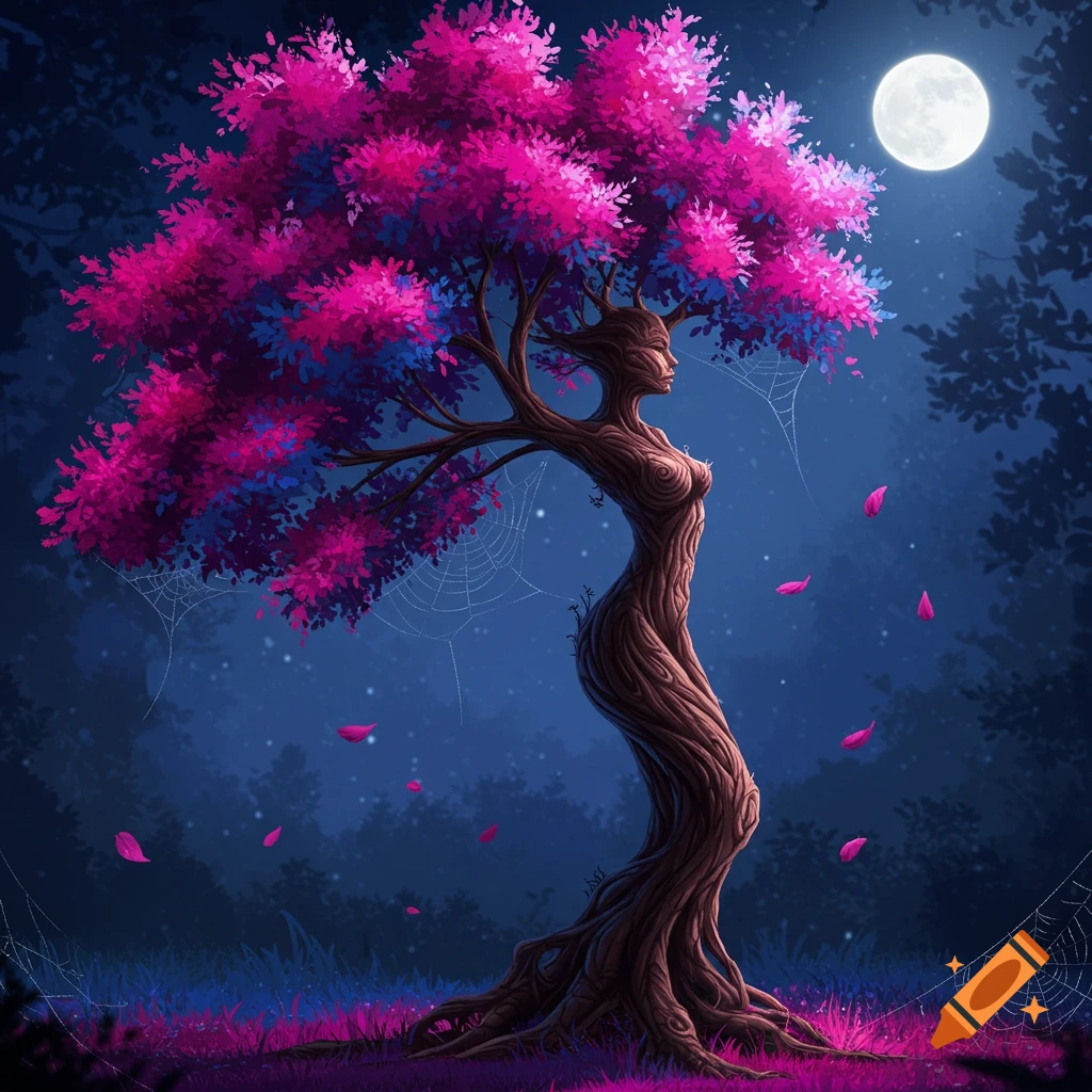 A fantastical tree with a female silhouette trunk and magenta and deep blue leaves under a full moon at night.