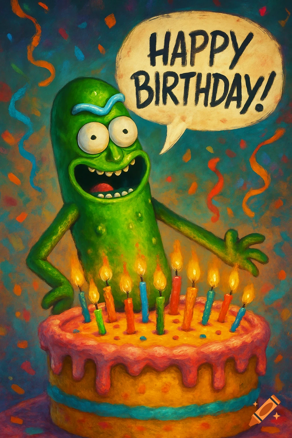 Pickle Rick celebrating his birthday with a cake and lit candles, shouting 'HAPPY BIRTHDAY!' in a vibrant, painterly style.
