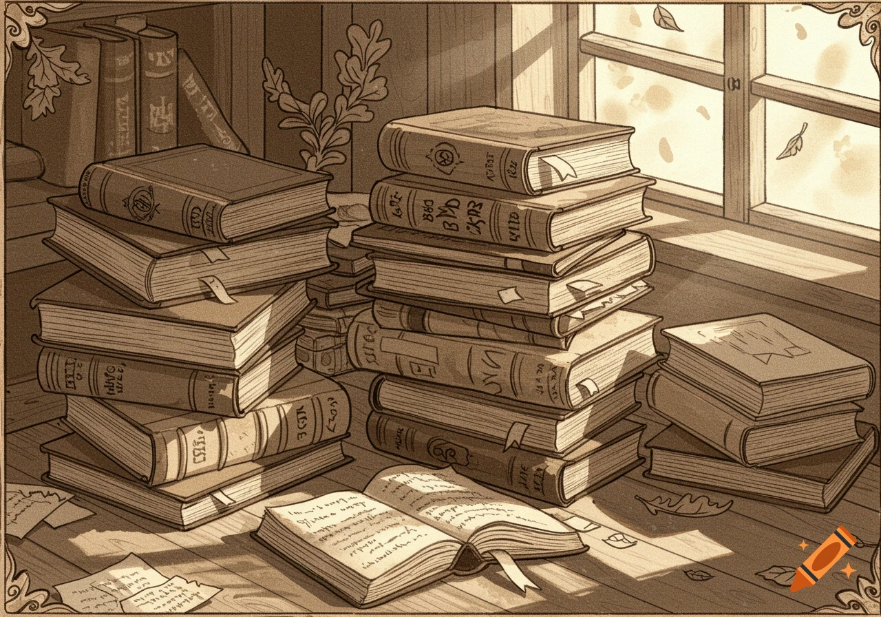 A detailed hand-drawn illustration depicts stacks of old, well-loved books by a window, bathed in sunlight.