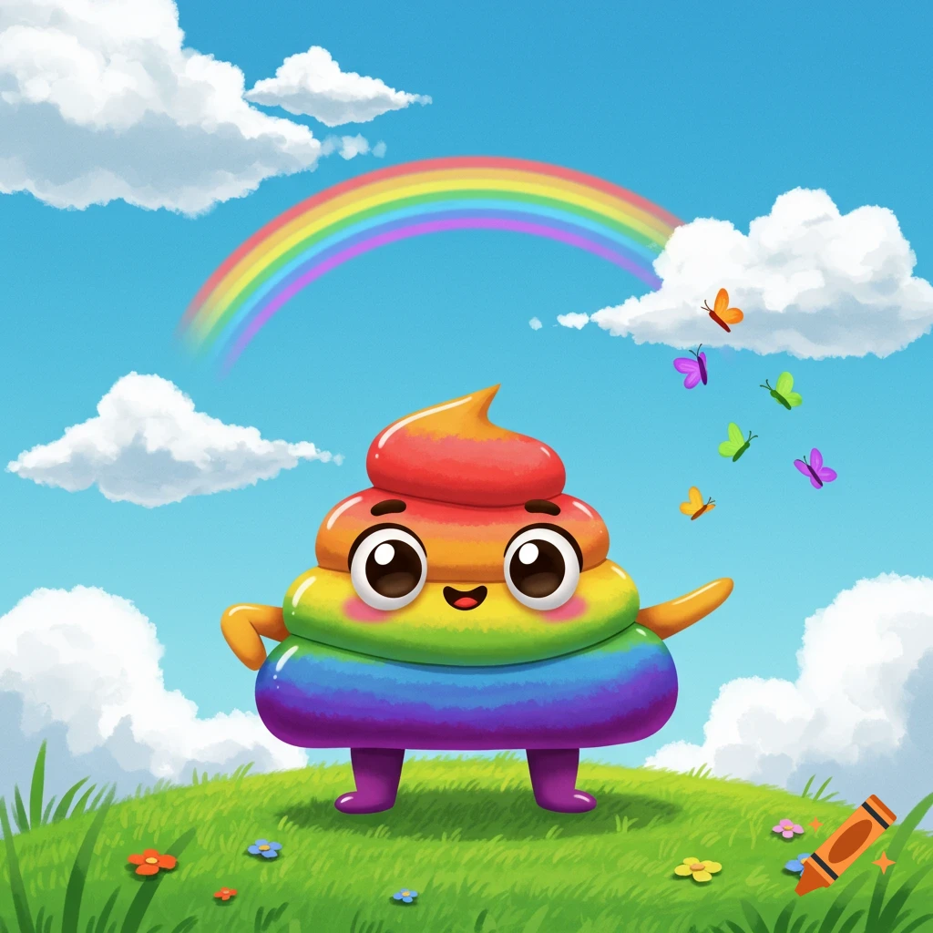 A cute, rainbow-colored cartoon character resembling a poo emoji stands on a grassy hill under a bright blue sky with clouds, a rainbow, and colorful butterflies.