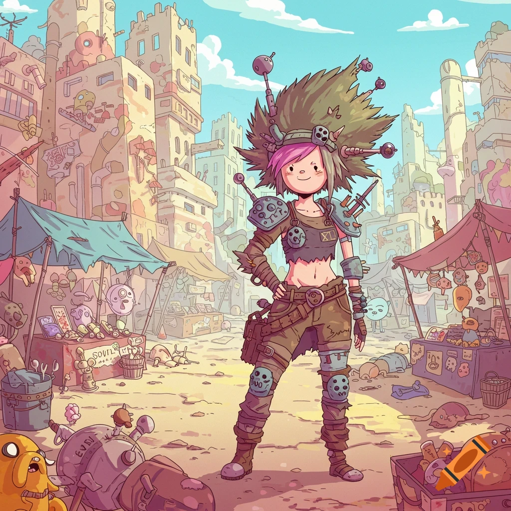 A cartoon raider girl with spiky hair and armor stands in a bustling post-apocalyptic market, in the style of Adventure Time.