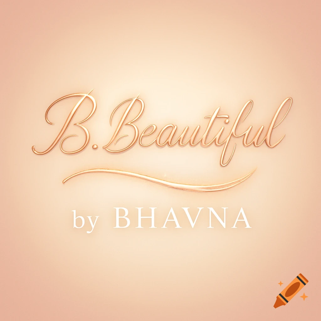 Rose-gold script logo for 'B. Beautiful' with a golden underline, and 'by BHAVNA' in a clean ivory font on a blush pink background.