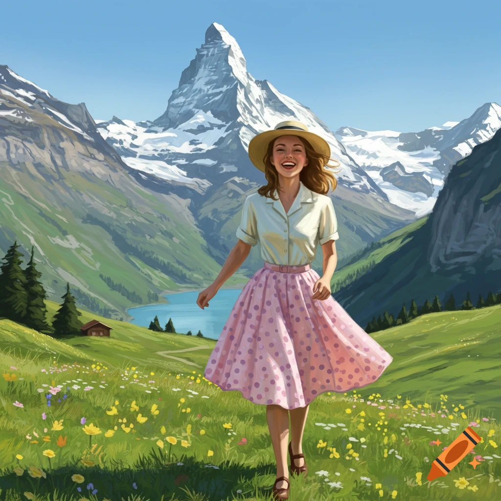 A happy woman in a pink polka dot skirt and straw hat walks in a flowery mountain meadow with a lake and snowy peaks.