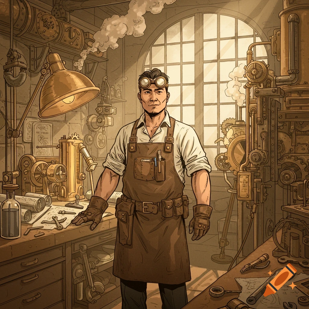 Comic style illustration of a steampunk mechanic in a cluttered workshop filled with intricate machinery and tools.