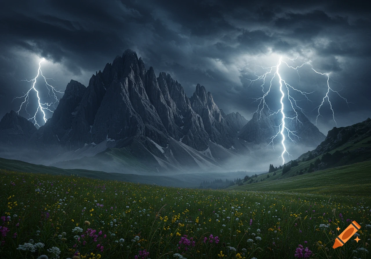 Dramatic lightning strikes illuminate jagged mountains under a stormy sky, with a vibrant wildflower meadow in the foreground.