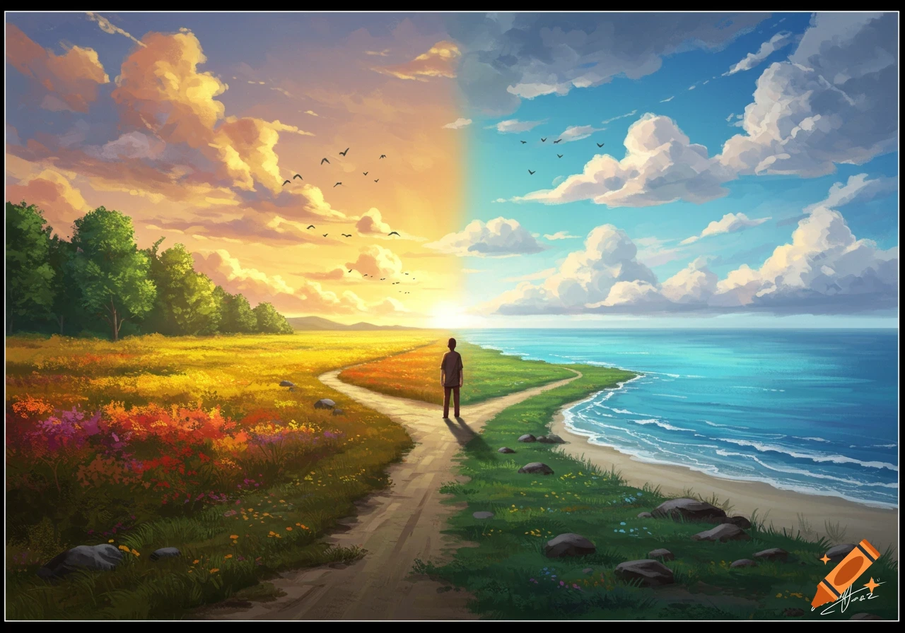 A person stands at a fork in a path, one side a vibrant field under a sunset sky, the other an ocean under a blue sky.