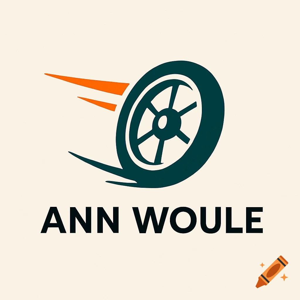 Minimalist logo of a dark teal wheel in motion with orange speed lines and the text Ann Woule below it.