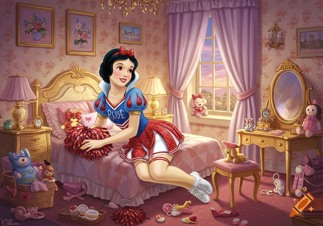 Snow White as a cheerleader with red pom-poms on a pink bed in a fairytale bedroom at sunset.