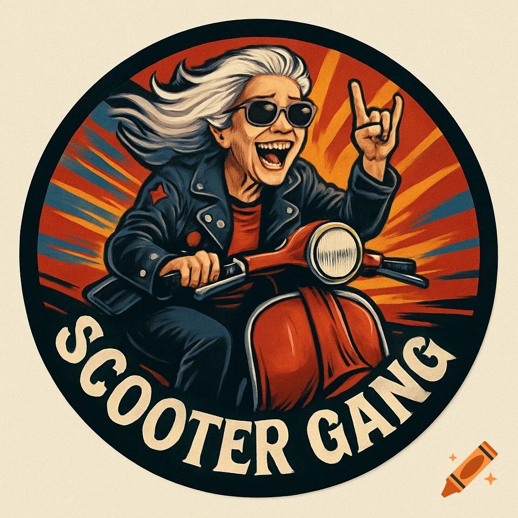 Illustration of an elderly woman in a leather jacket riding a red scooter, making a rock-on sign, with 'SCOOTER GANG' text.