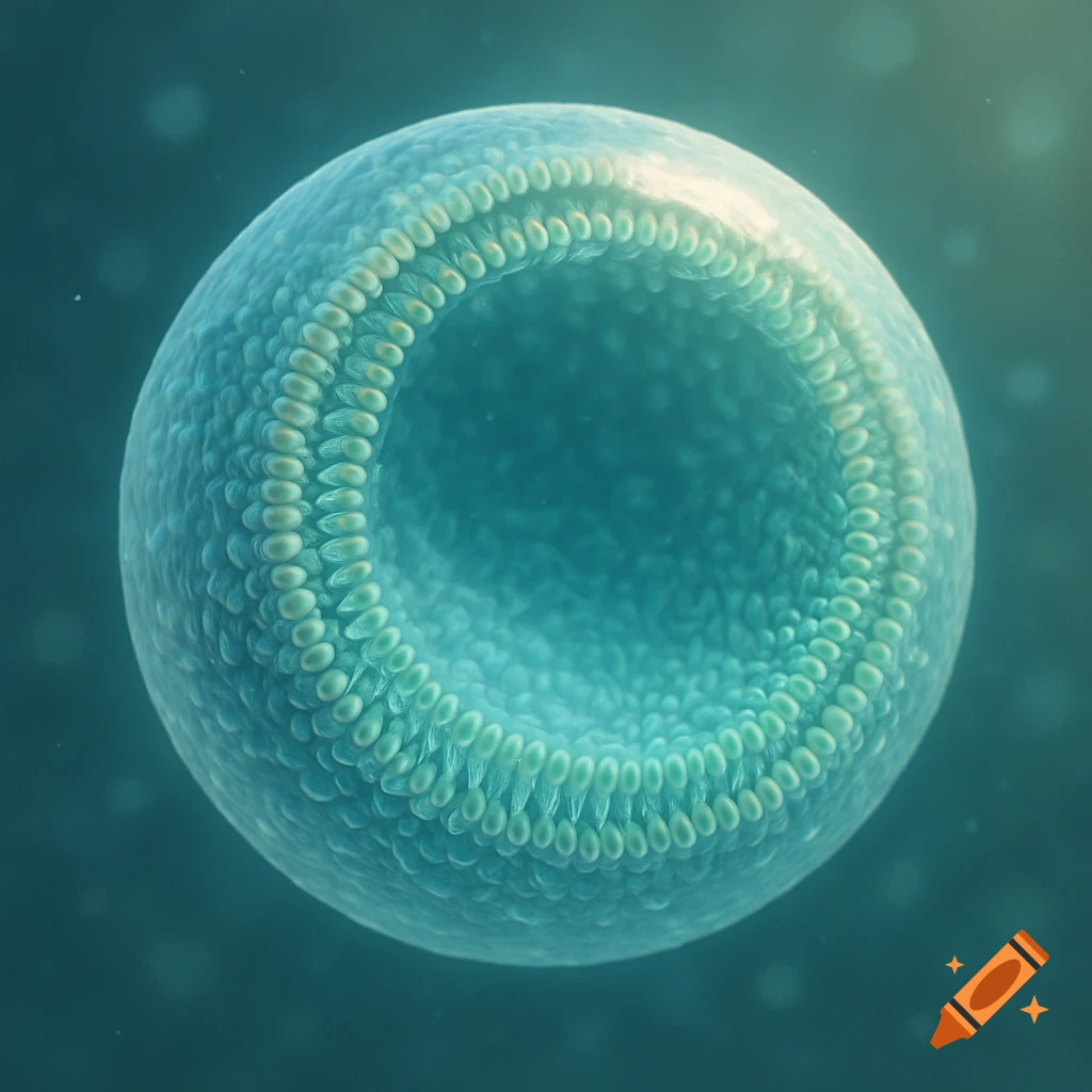 A close-up view of a teal endosome, a spherical cellular structure, revealing its inner membrane composed of many small, bead-like phospholipids.