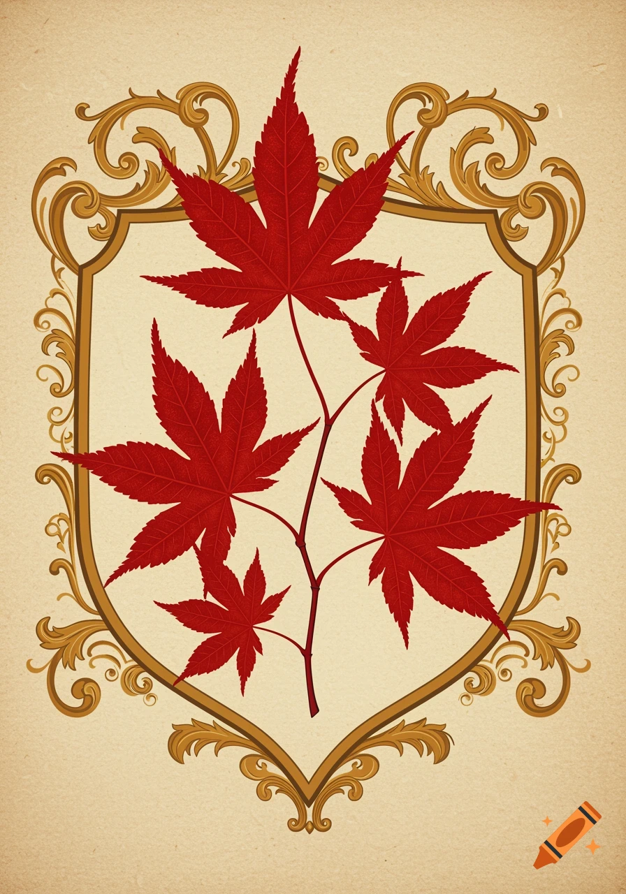 Red Japanese maple leaves within a gold and brown heraldic shield on a textured beige background.
