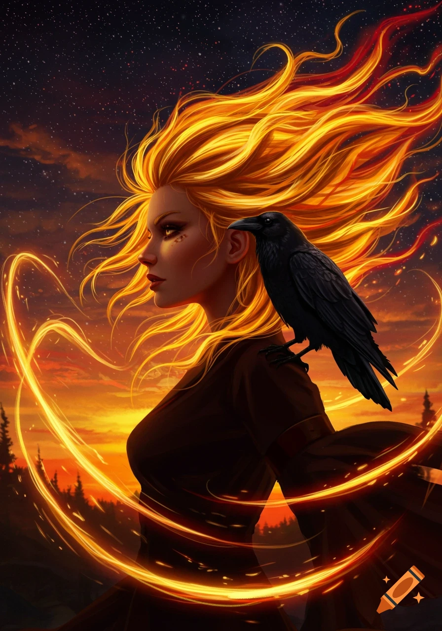 Digital painting of a woman in profile with flowing golden fire hair and magic, a black raven perched on her shoulder against a starry sunset sky.