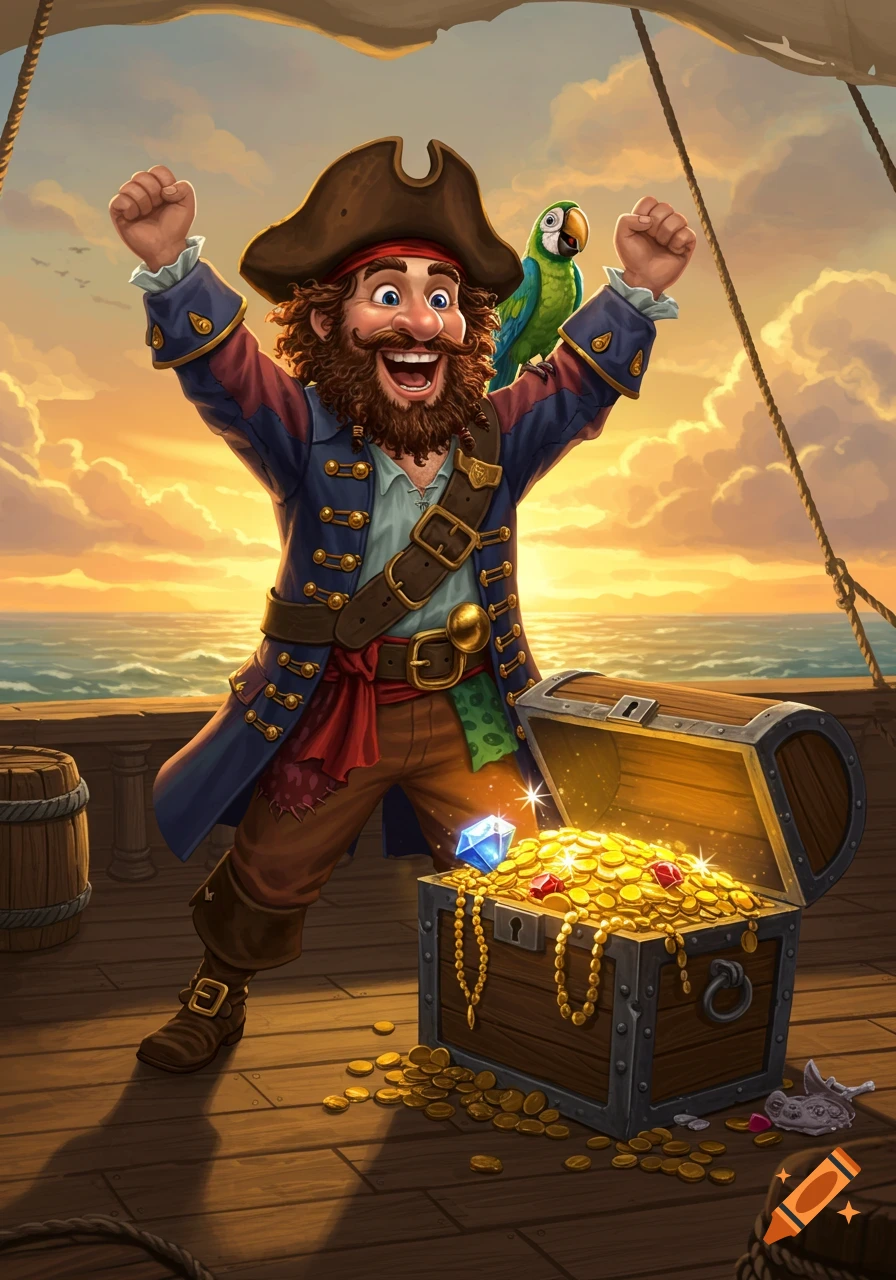 A cheerful cartoon pirate celebrates with arms raised next to an open treasure chest overflowing with gold and jewels on a ship deck at sunset.