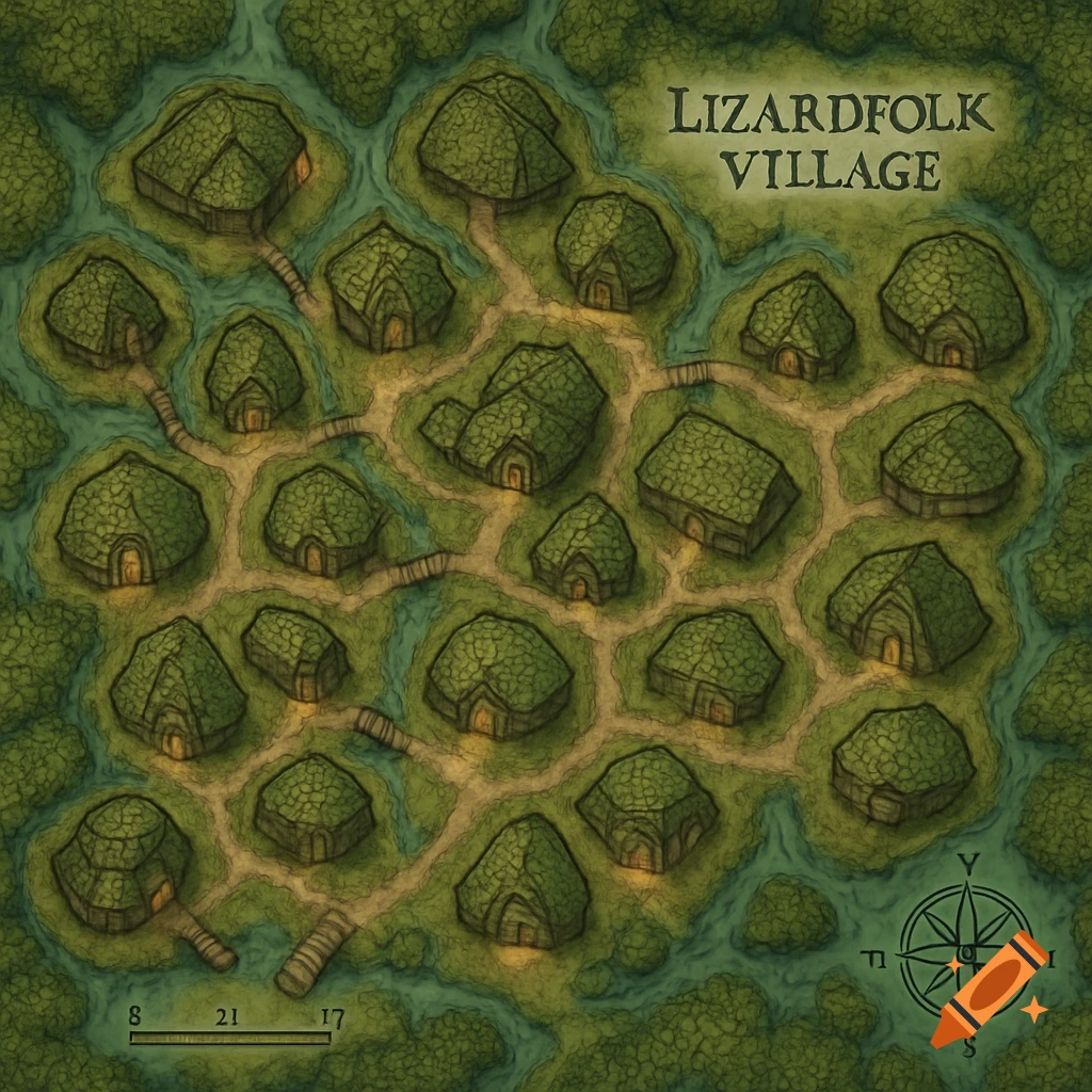 Top-down fantasy map of a lizardfolk village in a swamp, featuring green-roofed huts, dirt paths, and water.
