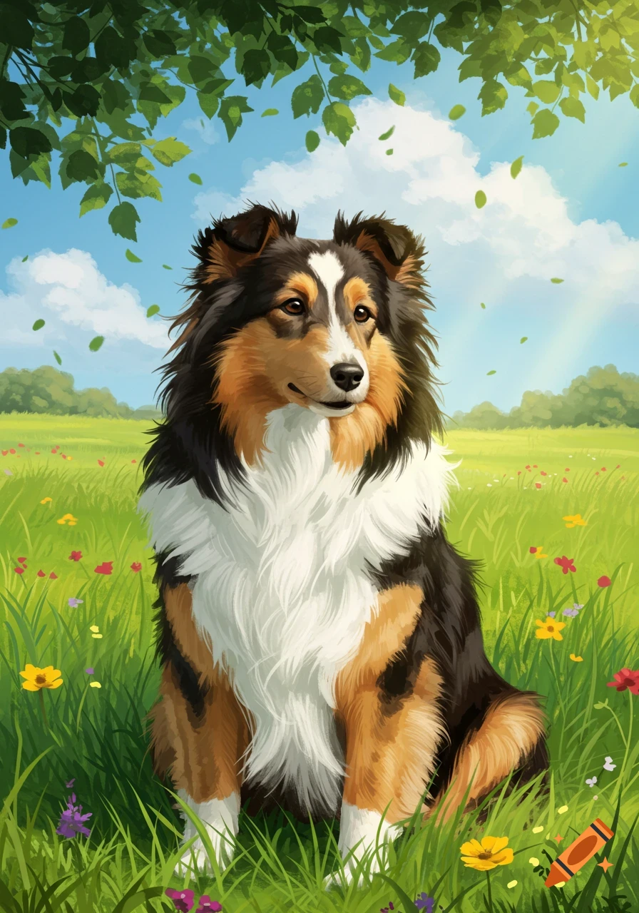 A tricolor Shetland Sheepdog sits in a green field with wildflowers under a blue sky, illustrated style.