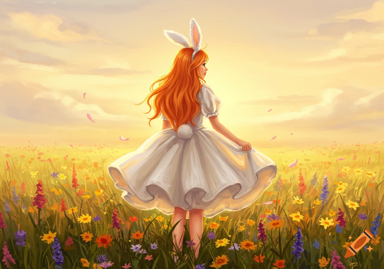 A young woman with long orange hair and white bunny ears in a white dress stands in a colorful flower field at sunset, digital art.