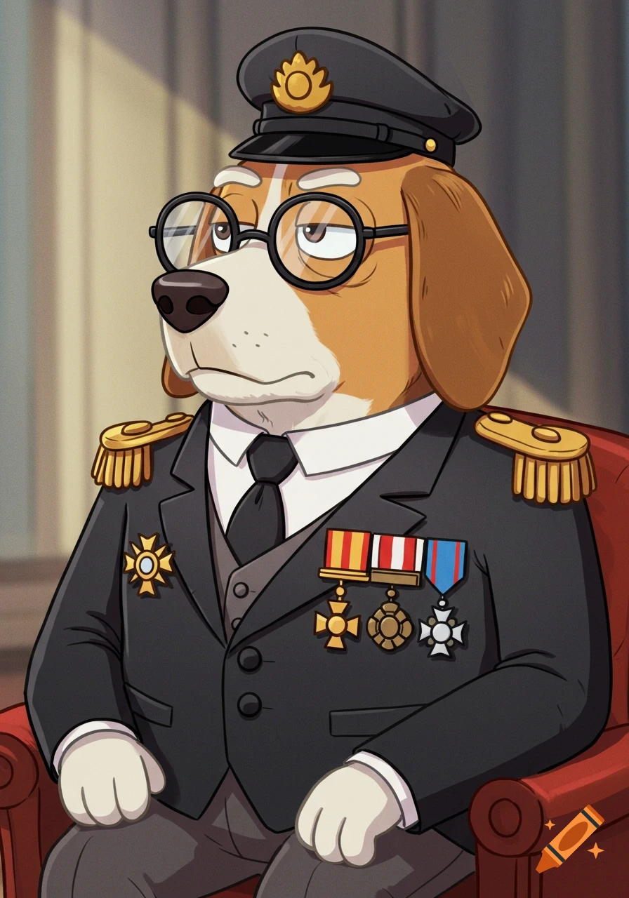 A cartoon beagle dog, resembling the Bluey style, sits in a chair, wearing a dark gray military uniform with medals and glasses.