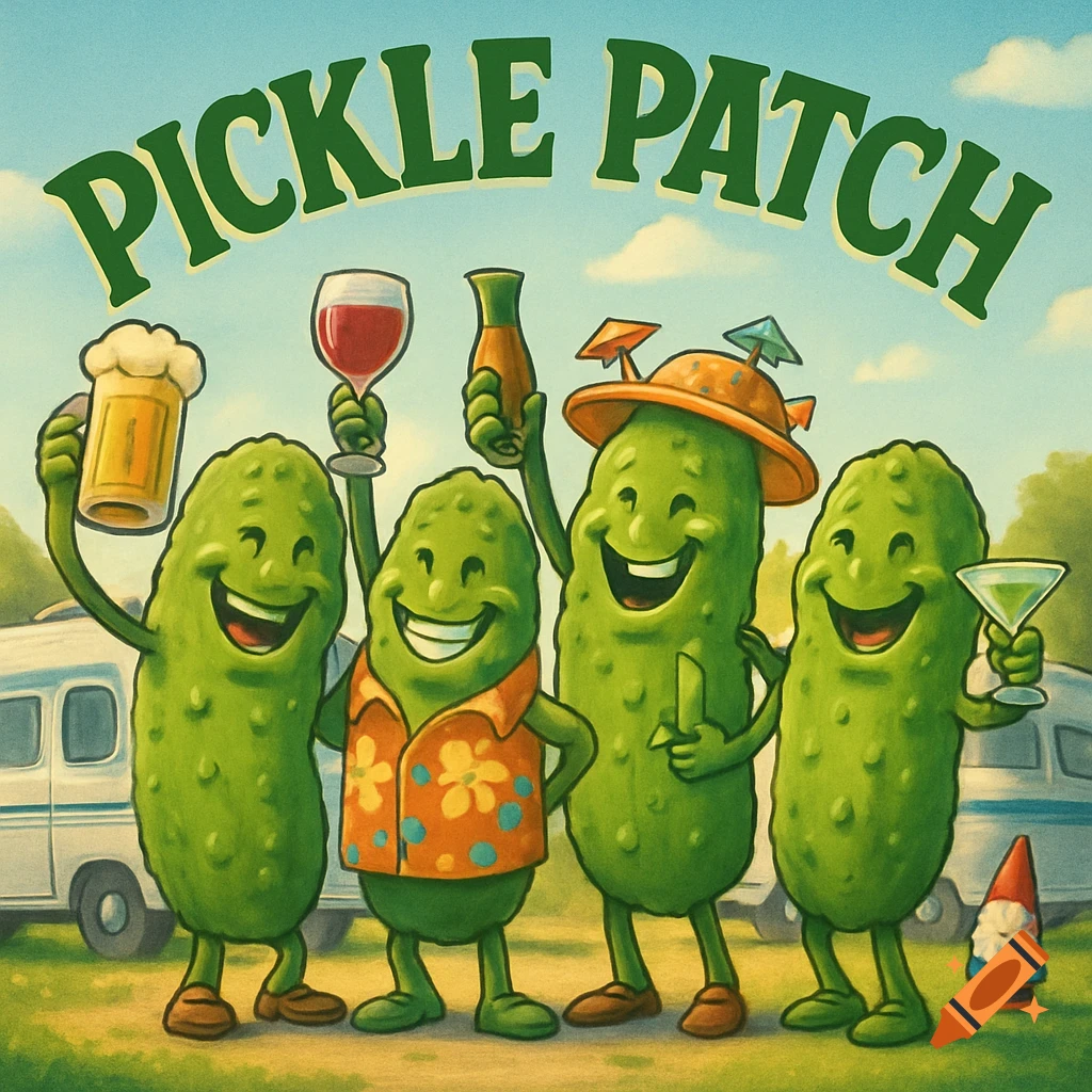 Four smiling anthropomorphic pickles holding various drinks, standing in front of RVs under a 'PICKLE PATCH' sign in a cartoon style.