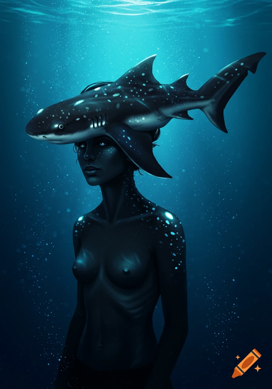 A dark-skinned, bare-chested woman underwater, wearing a whale shark as a headdress, with bioluminescent spots on her body.