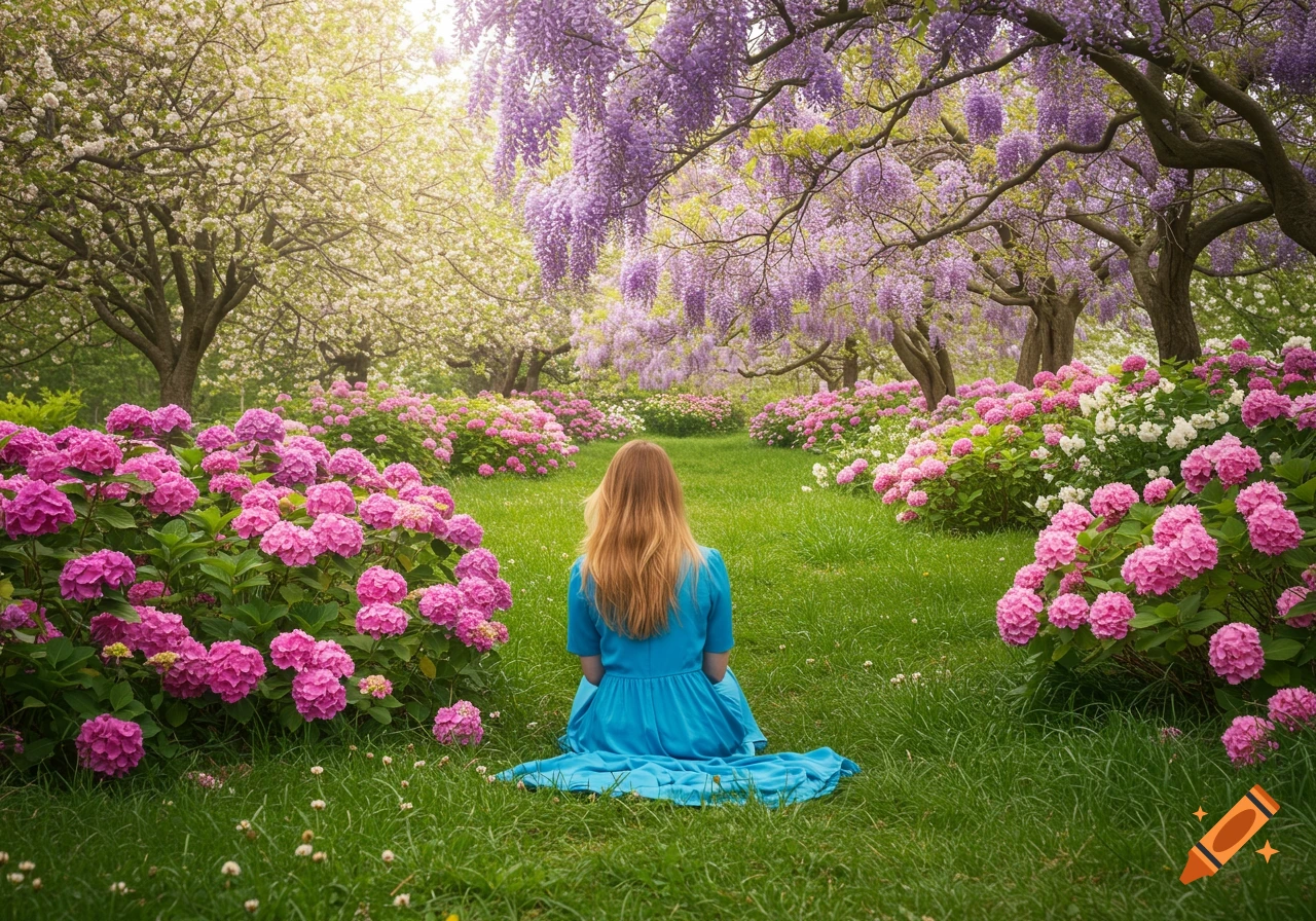 A woman in a blue dress sits in a lush garden with pink hydrangeas and purple wisteria trees.