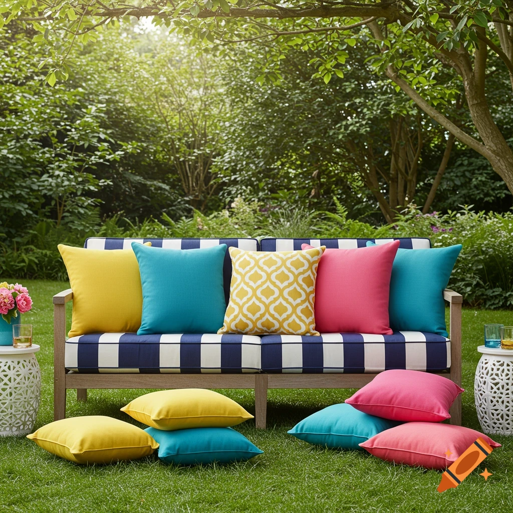 A navy and white striped outdoor sofa with various colorful throw pillows on a green lawn in a sunny garden.