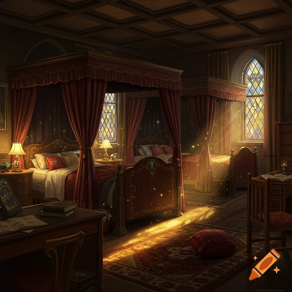 A fantasy college dorm room with two ornate four-poster beds, stained glass windows, and sunlight streaming in, illuminating dust motes.