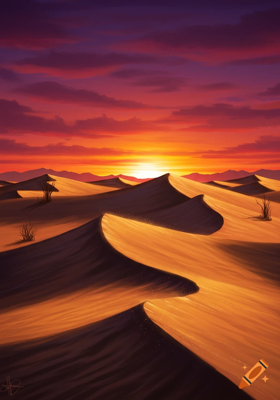 A vibrant sunset over desert dunes with orange sand and a colorful sky in a painted style.