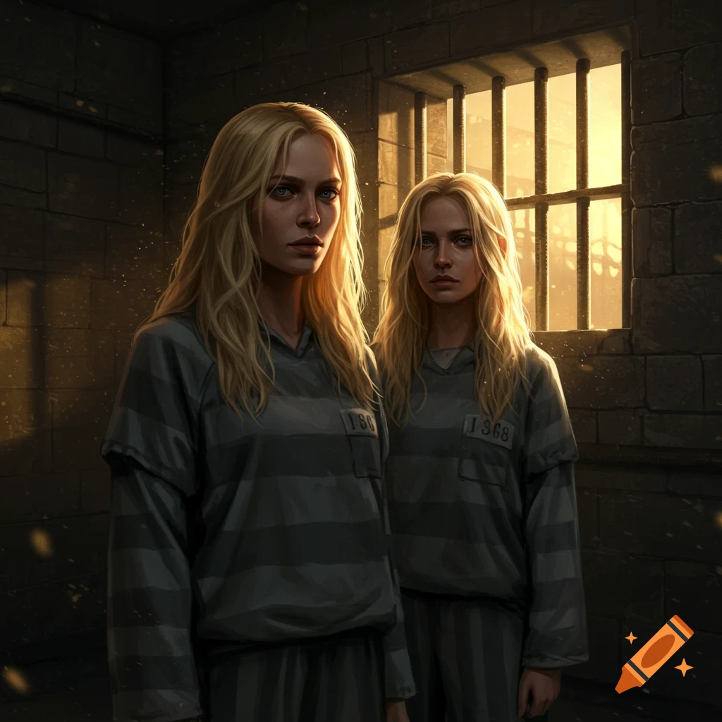 Two blonde women in striped prison uniforms standing in a dimly lit cell with light streaming through a barred window.