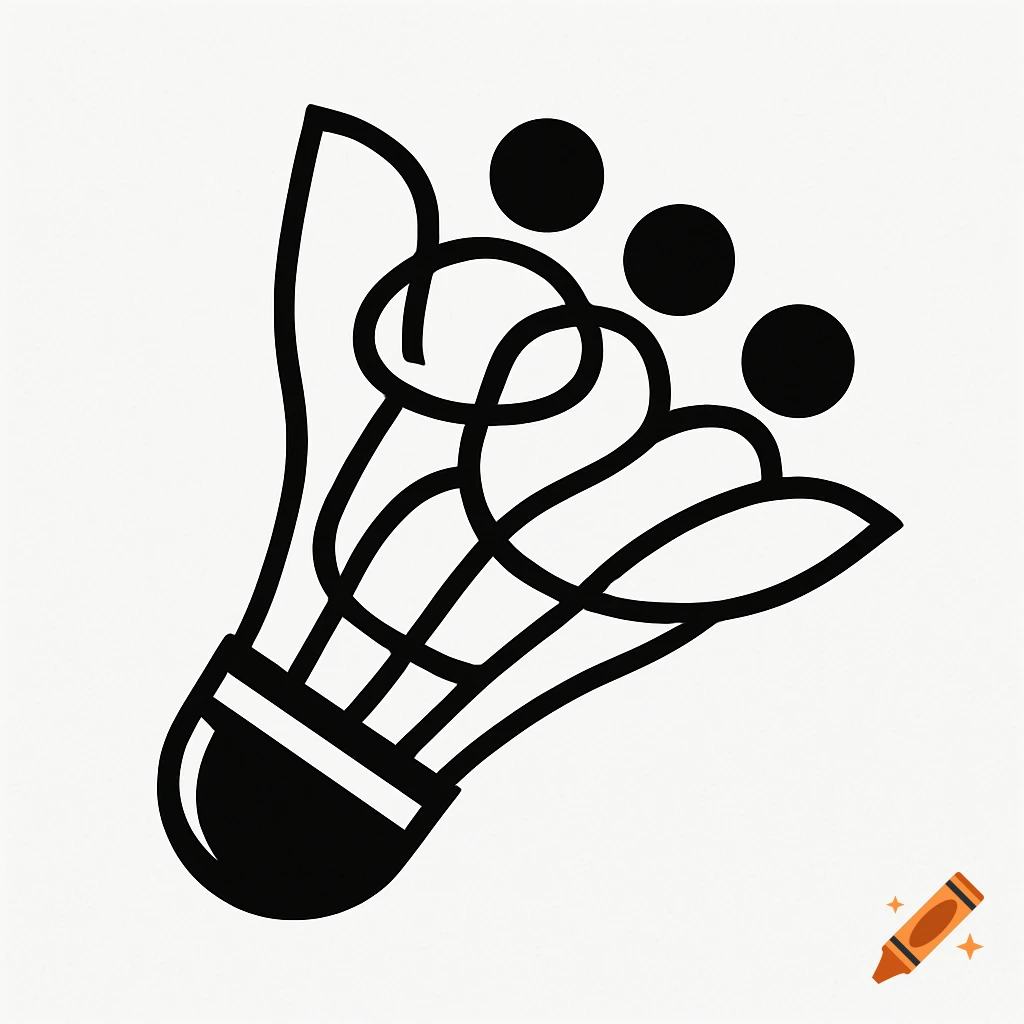 A black and white minimalist logo of an abstract shuttlecock with three circular elements, featuring clean, flowing lines.