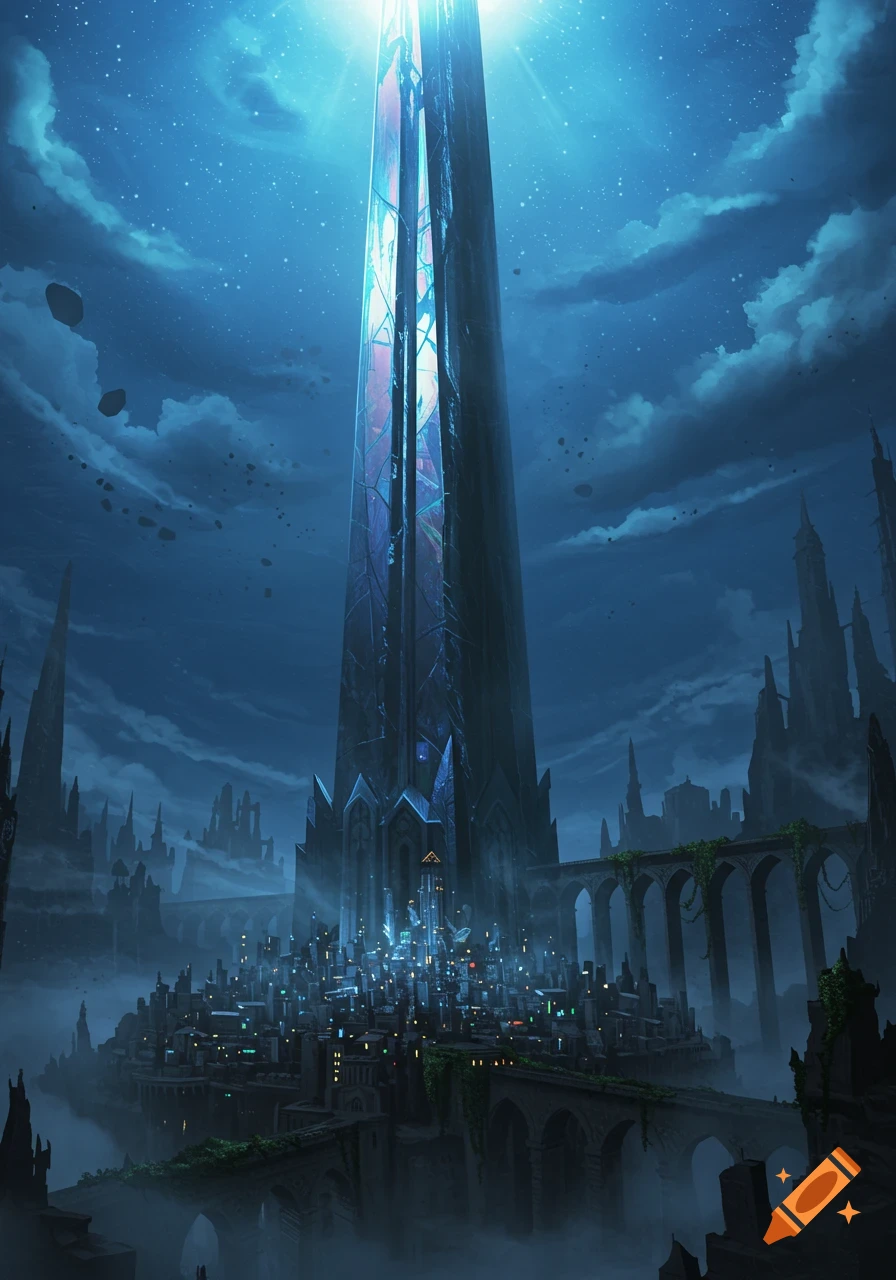 A fantasy cityscape at night with a glowing obsidian tower illuminating a magical city under a starry, cloudy sky.